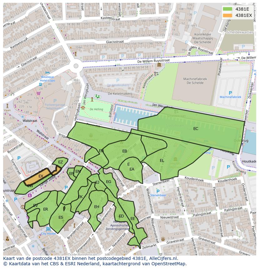 Afbeelding van het postcodegebied 4381 EX op de kaart.