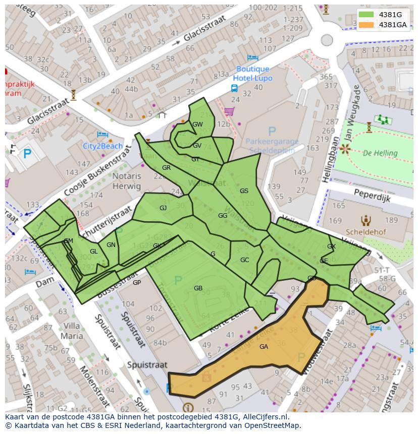Afbeelding van het postcodegebied 4381 GA op de kaart.