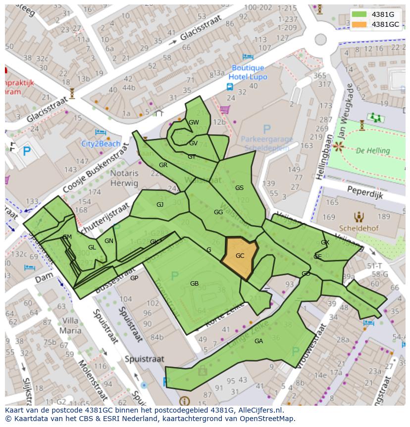Afbeelding van het postcodegebied 4381 GC op de kaart.