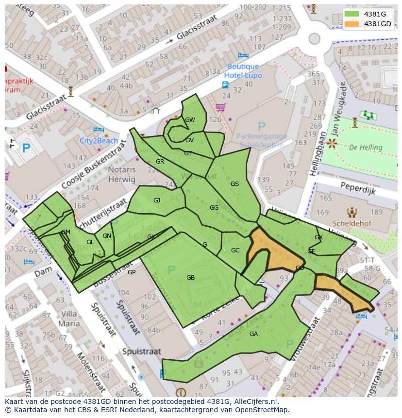 Afbeelding van het postcodegebied 4381 GD op de kaart.
