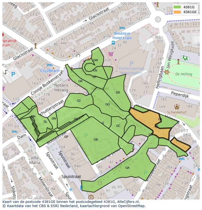 Afbeelding van het postcodegebied 4381 GE op de kaart.