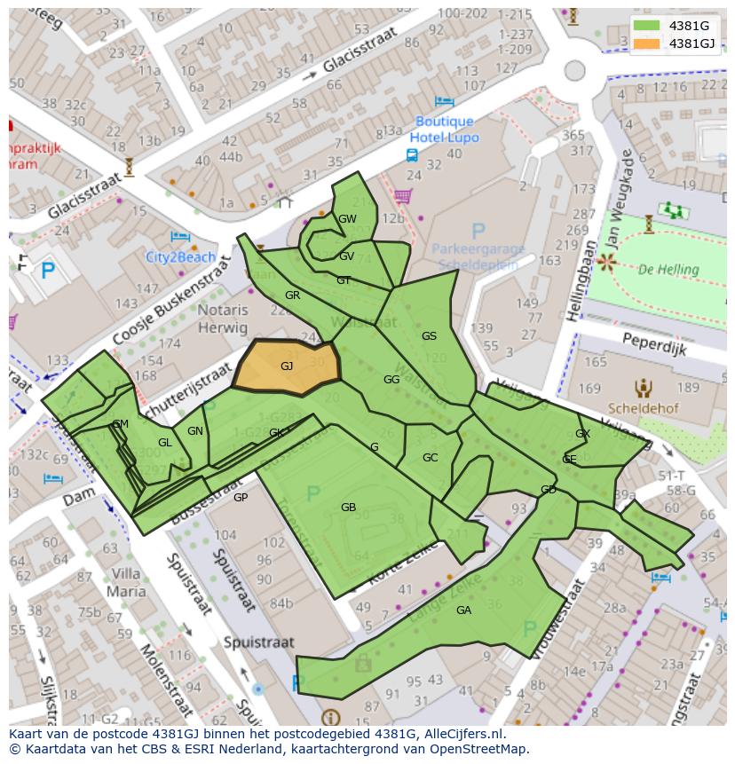 Afbeelding van het postcodegebied 4381 GJ op de kaart.