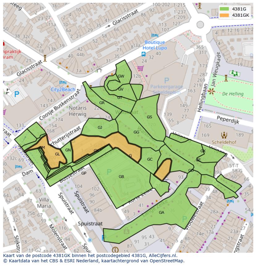 Afbeelding van het postcodegebied 4381 GK op de kaart.