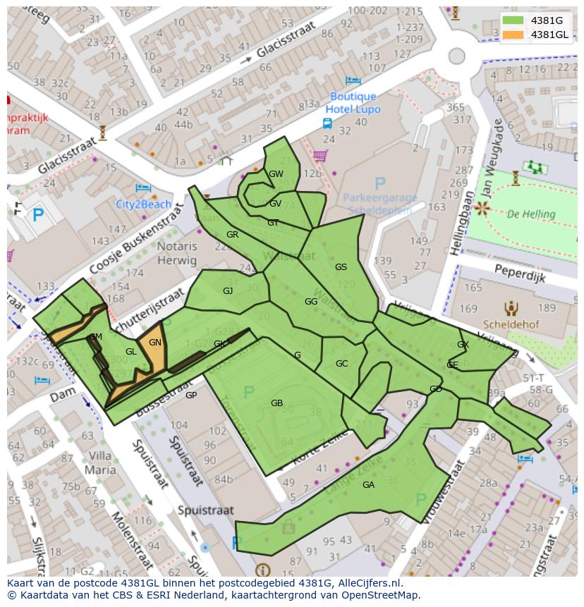 Afbeelding van het postcodegebied 4381 GL op de kaart.