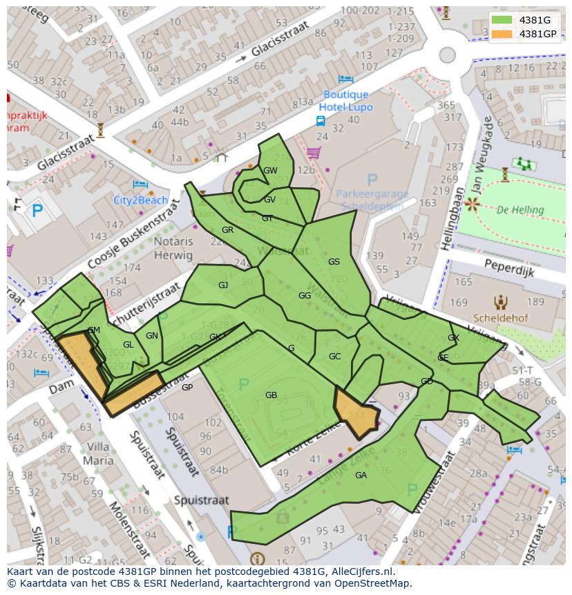 Afbeelding van het postcodegebied 4381 GP op de kaart.