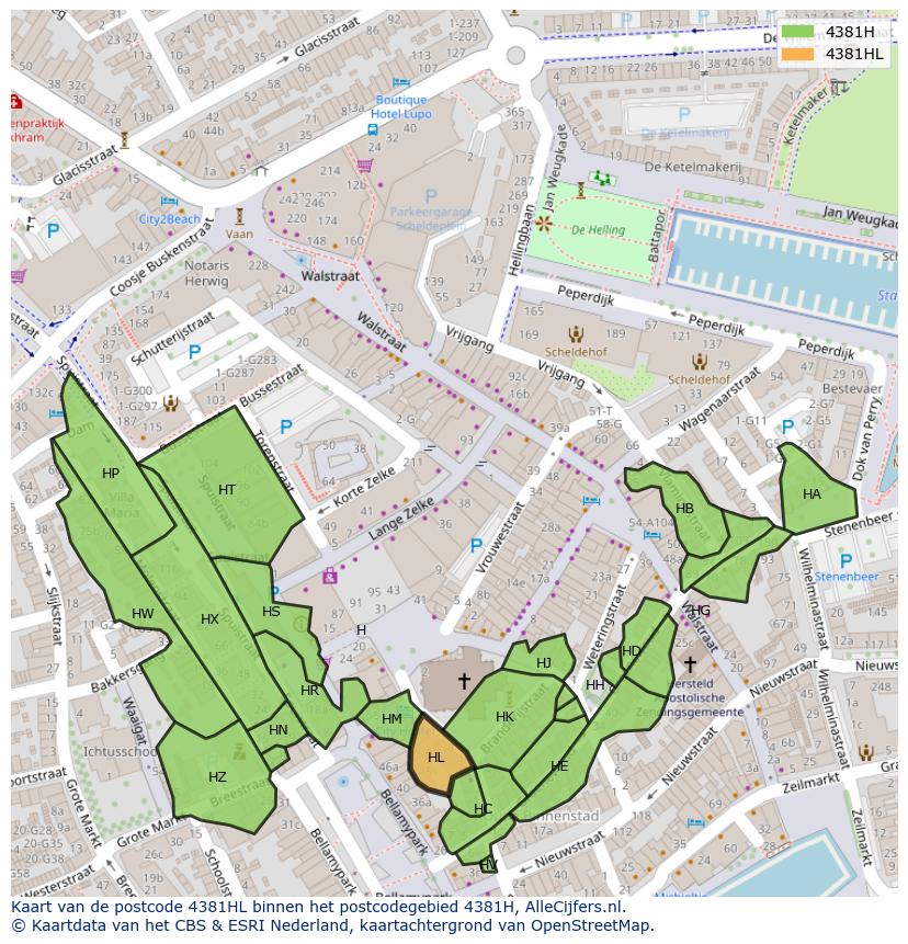 Afbeelding van het postcodegebied 4381 HL op de kaart.