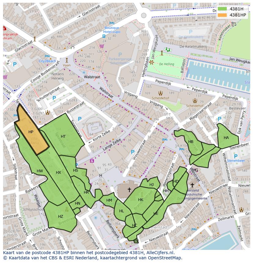 Afbeelding van het postcodegebied 4381 HP op de kaart.