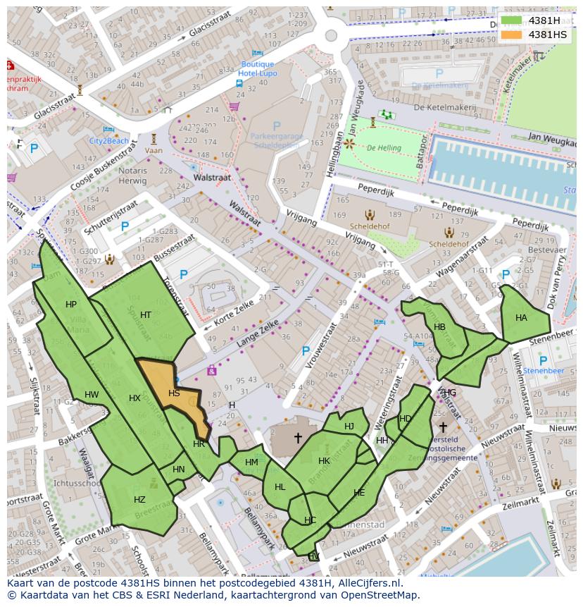 Afbeelding van het postcodegebied 4381 HS op de kaart.