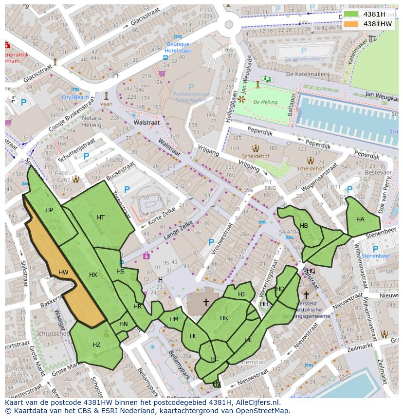 Afbeelding van het postcodegebied 4381 HW op de kaart.