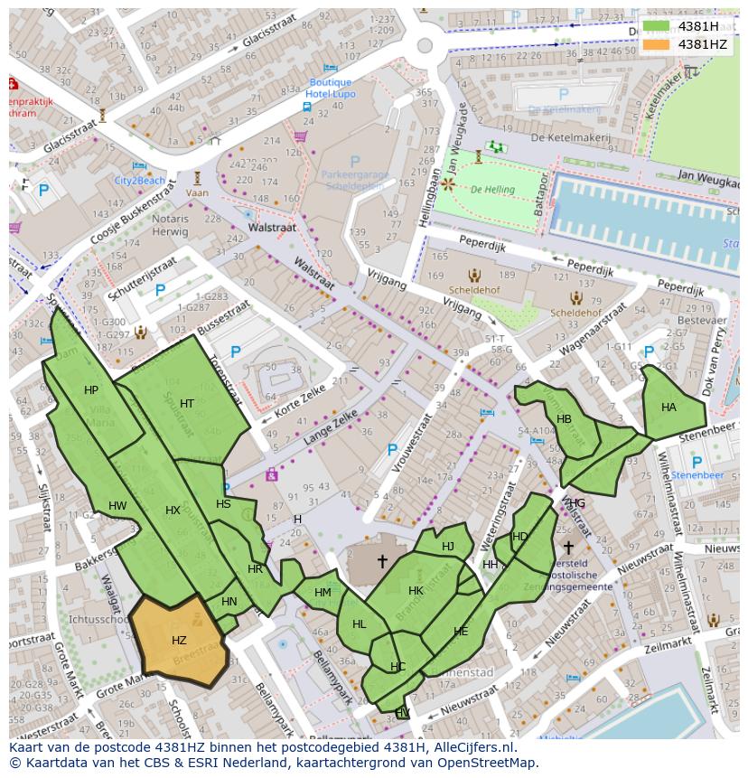 Afbeelding van het postcodegebied 4381 HZ op de kaart.