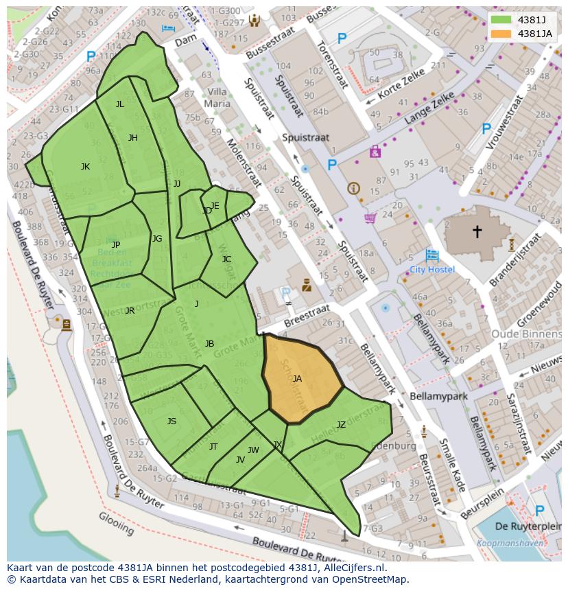 Afbeelding van het postcodegebied 4381 JA op de kaart.