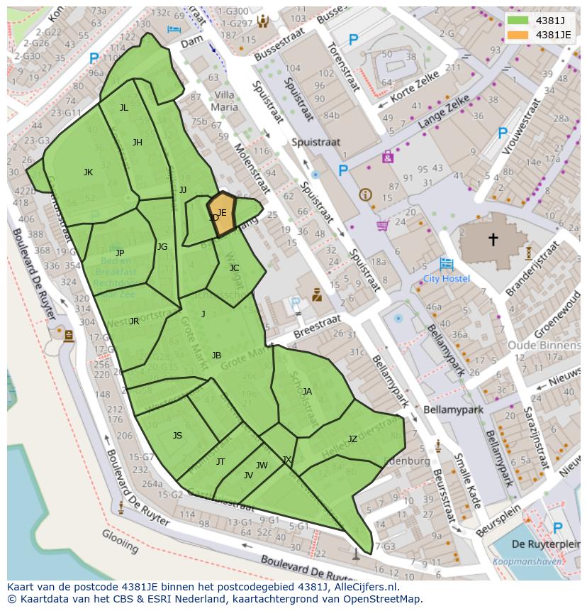 Afbeelding van het postcodegebied 4381 JE op de kaart.