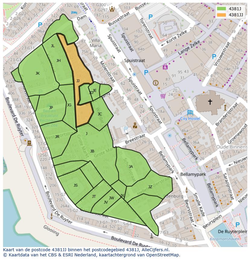 Afbeelding van het postcodegebied 4381 JJ op de kaart.