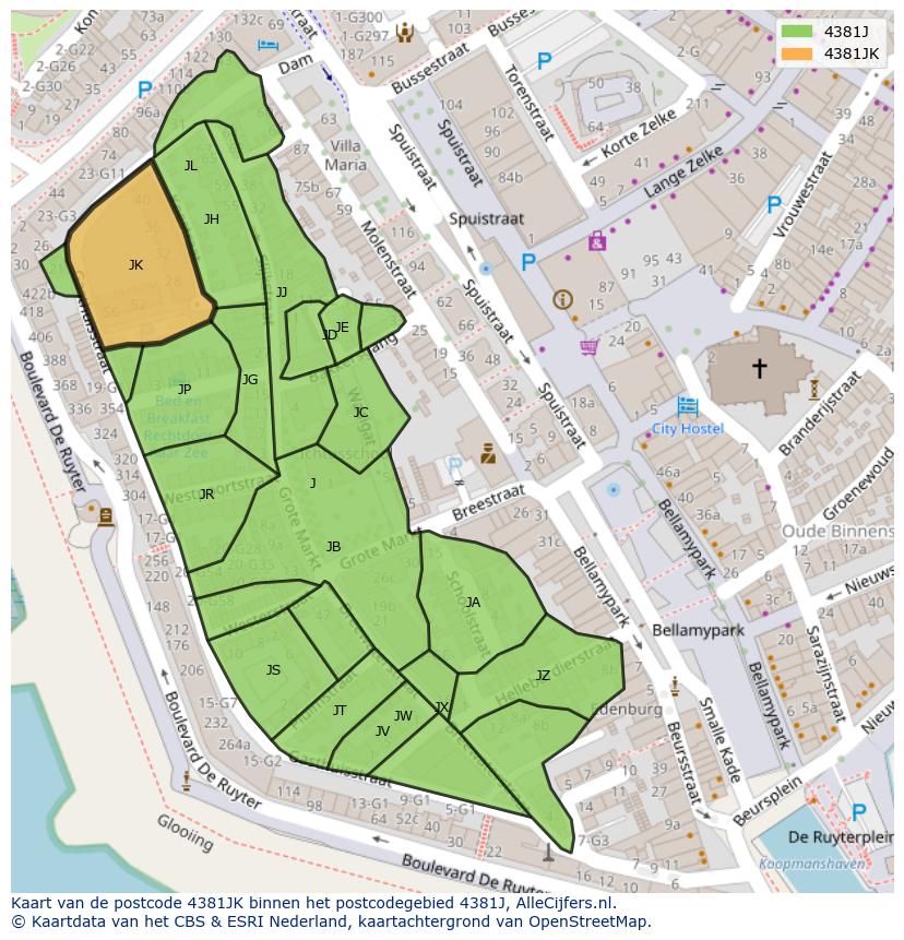 Afbeelding van het postcodegebied 4381 JK op de kaart.