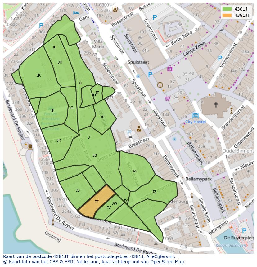 Afbeelding van het postcodegebied 4381 JT op de kaart.