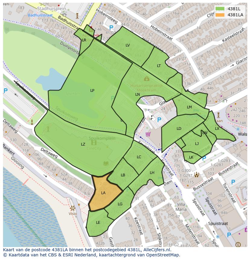 Afbeelding van het postcodegebied 4381 LA op de kaart.