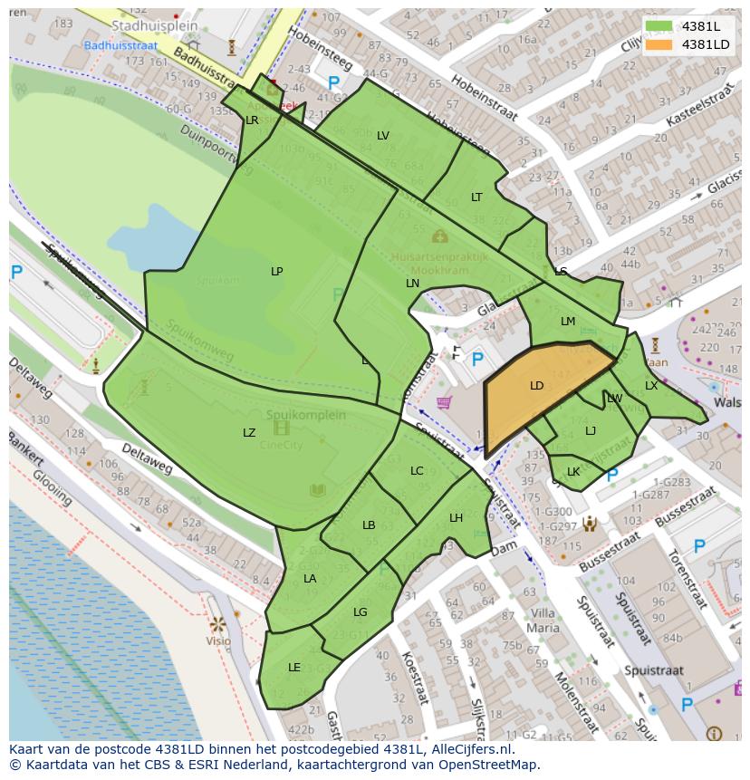 Afbeelding van het postcodegebied 4381 LD op de kaart.