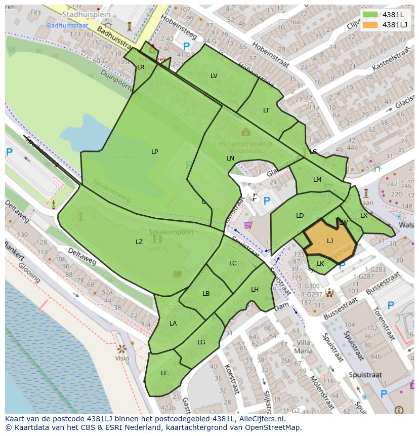Afbeelding van het postcodegebied 4381 LJ op de kaart.