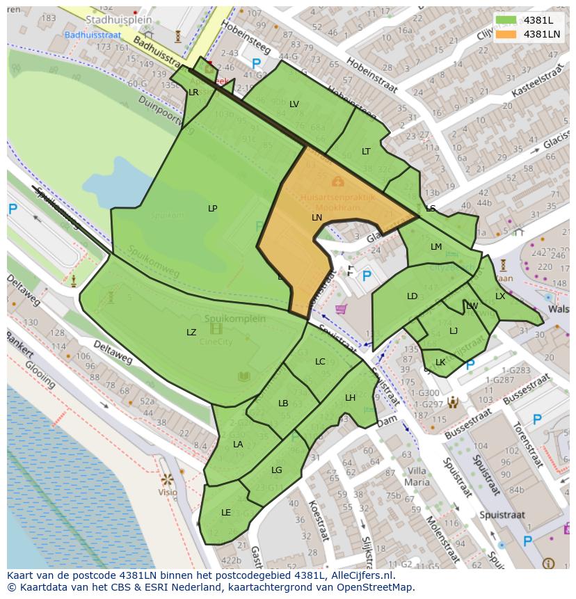 Afbeelding van het postcodegebied 4381 LN op de kaart.
