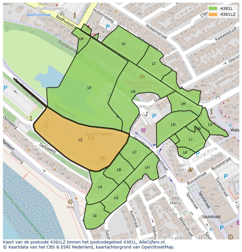 Afbeelding van het postcodegebied 4381 LZ op de kaart.