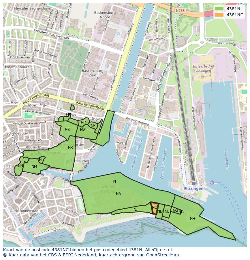 Afbeelding van het postcodegebied 4381 NC op de kaart.