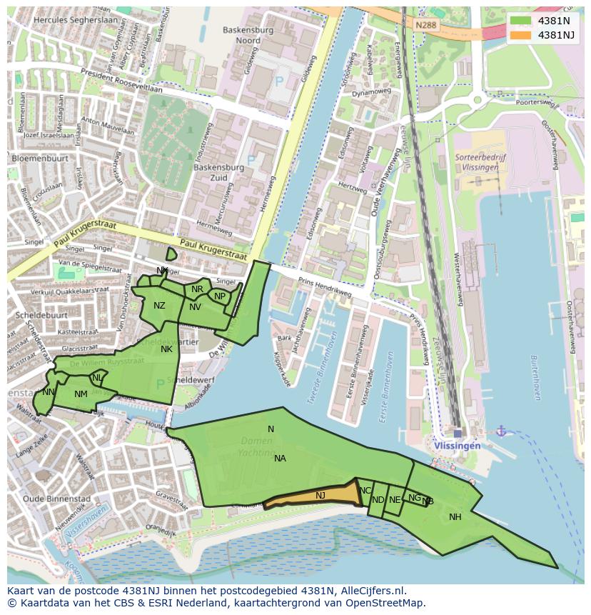Afbeelding van het postcodegebied 4381 NJ op de kaart.