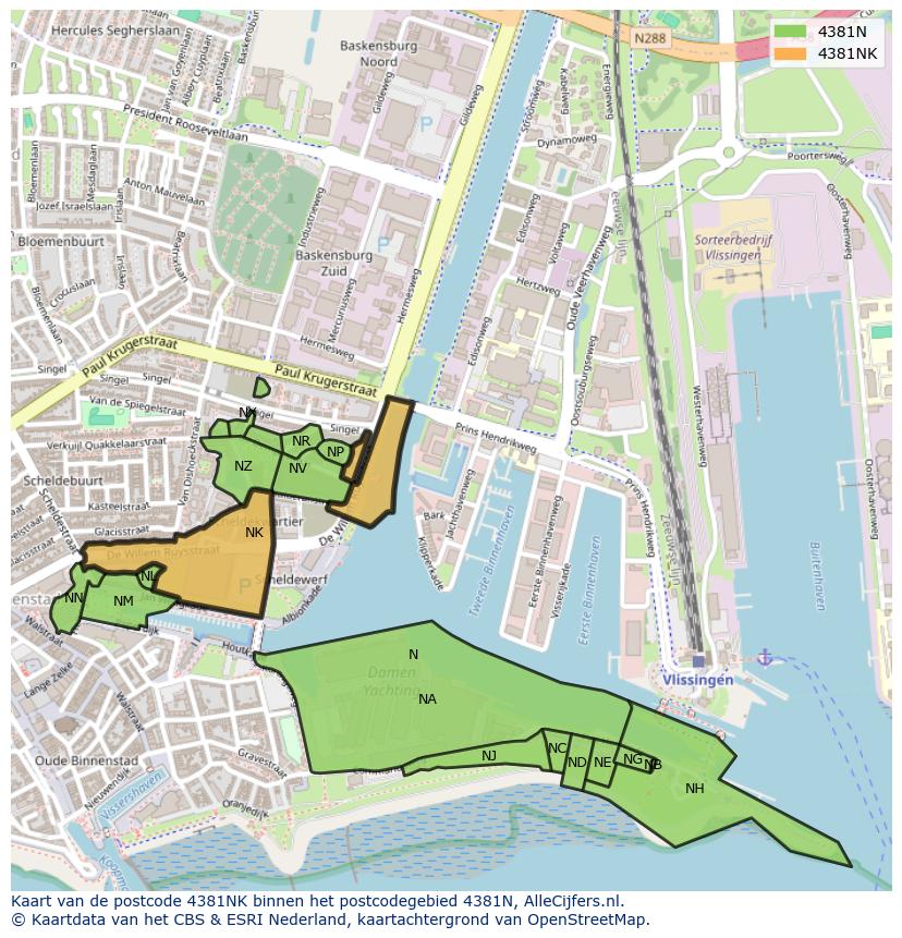 Afbeelding van het postcodegebied 4381 NK op de kaart.