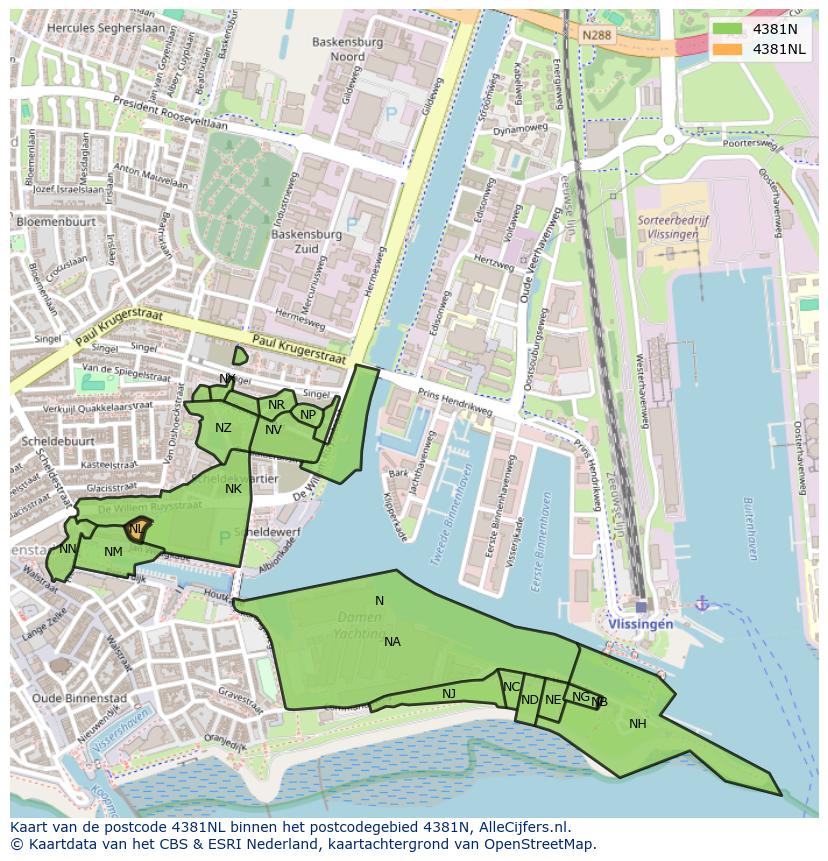 Afbeelding van het postcodegebied 4381 NL op de kaart.