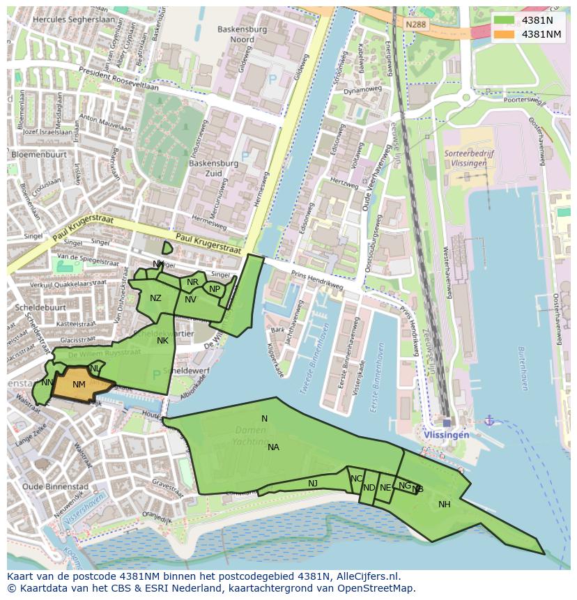 Afbeelding van het postcodegebied 4381 NM op de kaart.