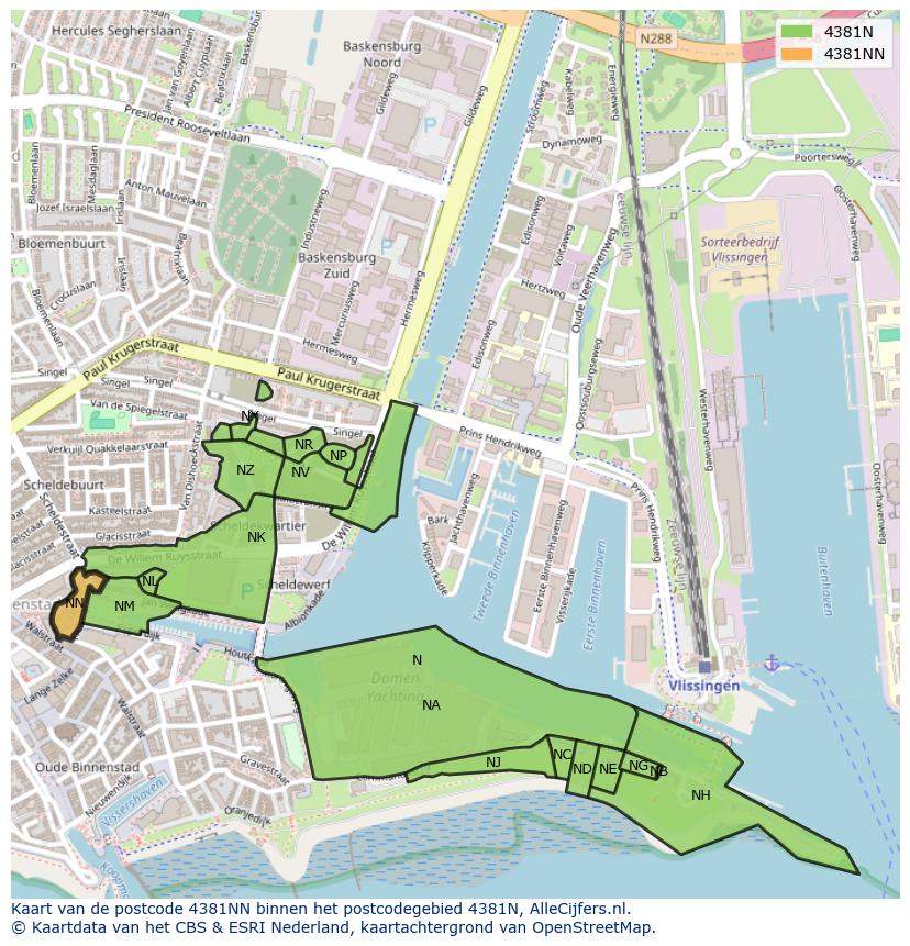 Afbeelding van het postcodegebied 4381 NN op de kaart.