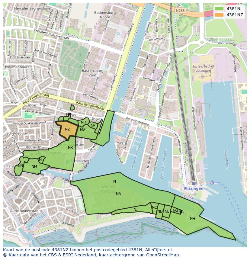 Afbeelding van het postcodegebied 4381 NZ op de kaart.