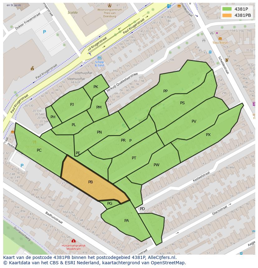 Afbeelding van het postcodegebied 4381 PB op de kaart.