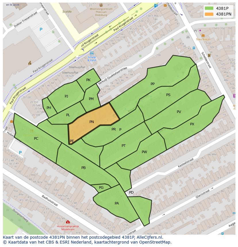 Afbeelding van het postcodegebied 4381 PN op de kaart.