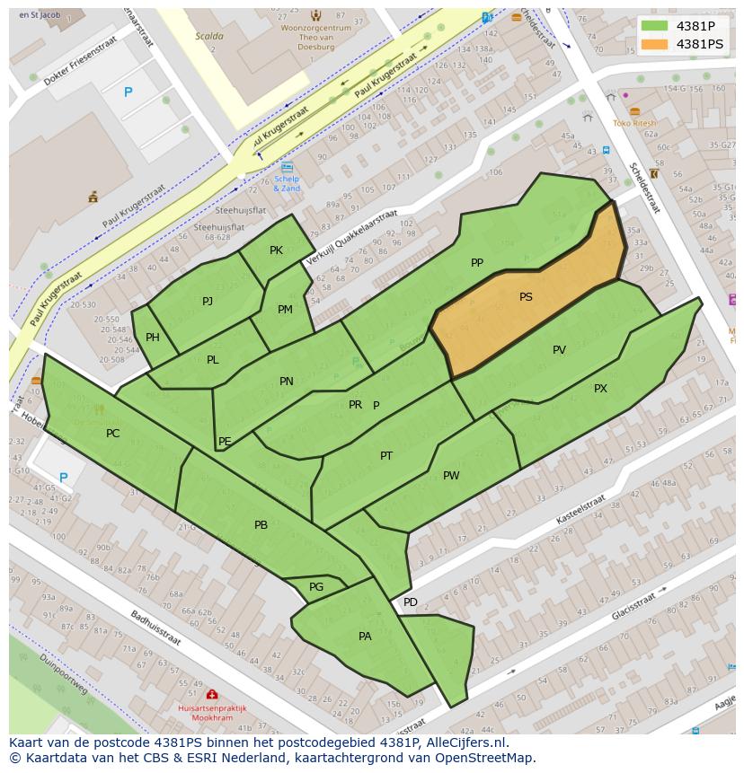 Afbeelding van het postcodegebied 4381 PS op de kaart.