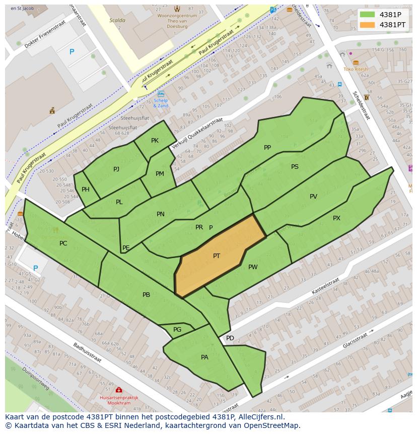 Afbeelding van het postcodegebied 4381 PT op de kaart.