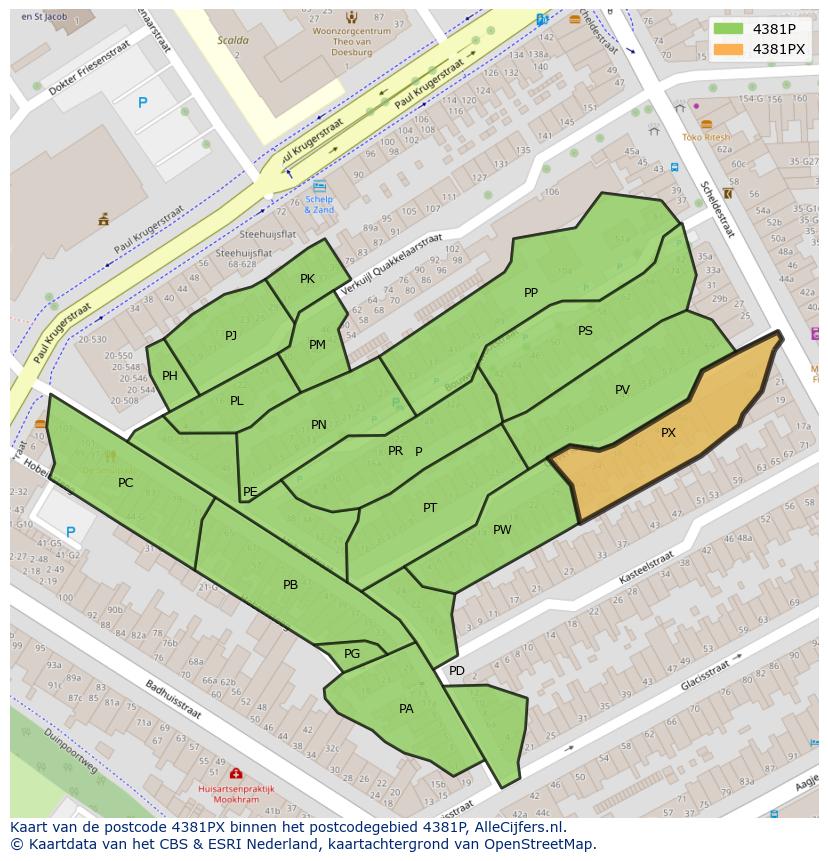 Afbeelding van het postcodegebied 4381 PX op de kaart.