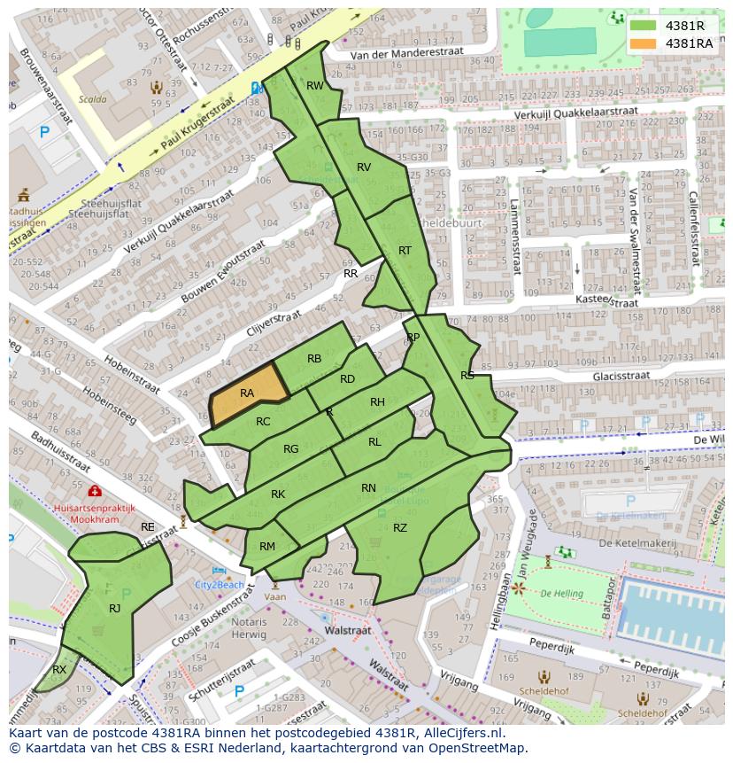 Afbeelding van het postcodegebied 4381 RA op de kaart.