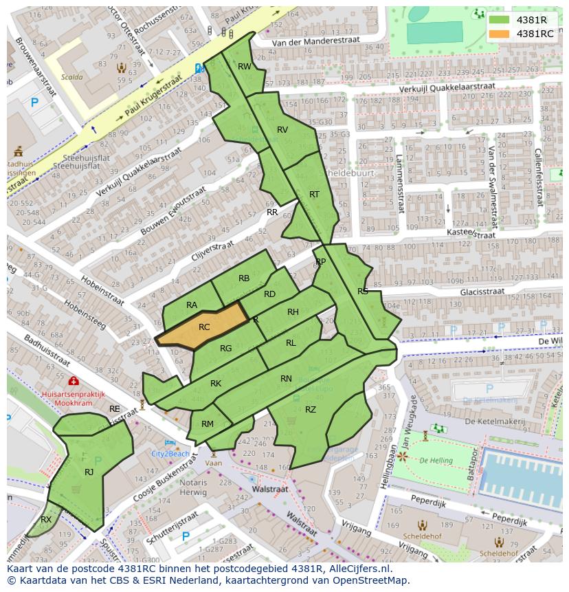 Afbeelding van het postcodegebied 4381 RC op de kaart.