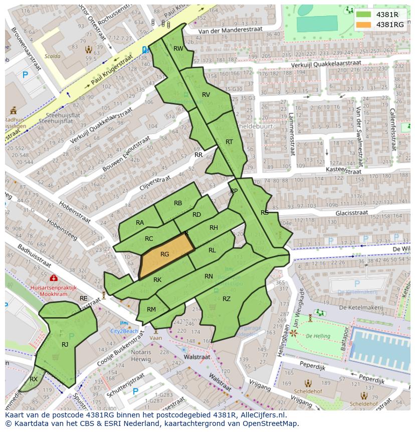 Afbeelding van het postcodegebied 4381 RG op de kaart.