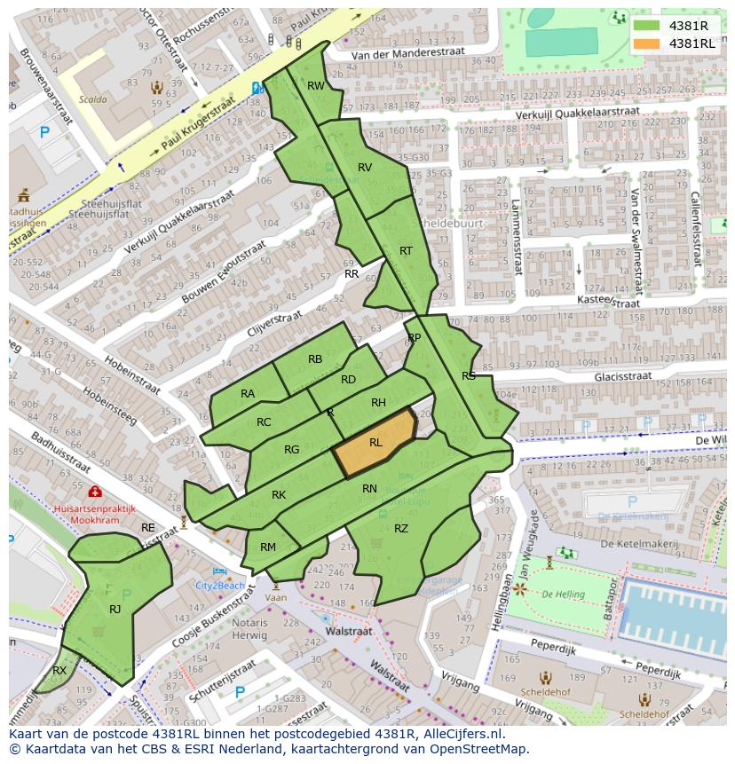Afbeelding van het postcodegebied 4381 RL op de kaart.