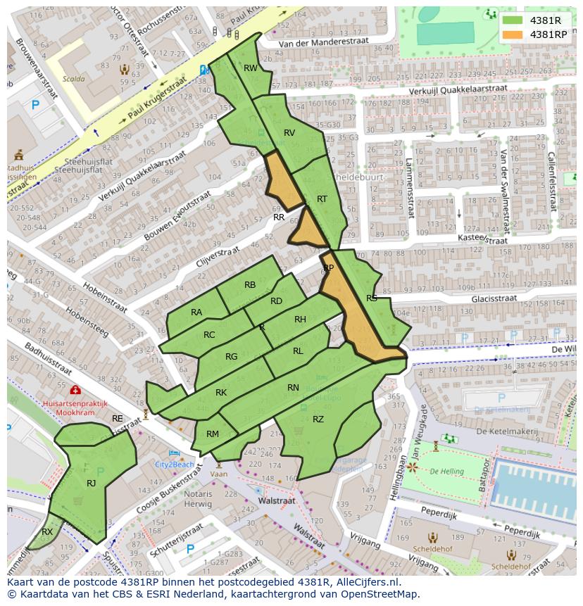 Afbeelding van het postcodegebied 4381 RP op de kaart.