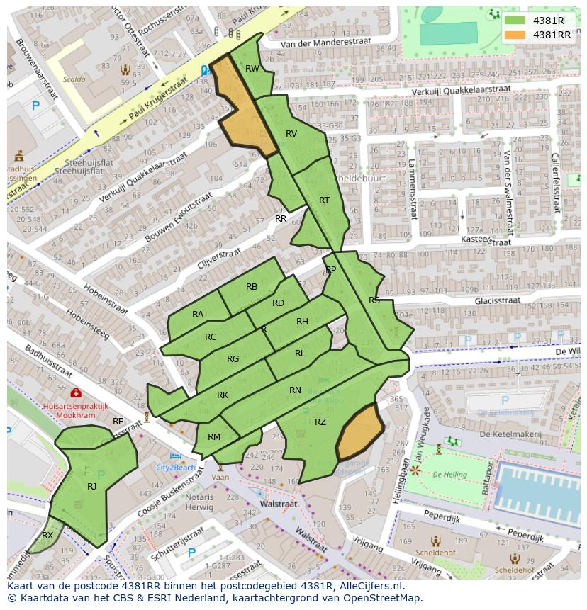 Afbeelding van het postcodegebied 4381 RR op de kaart.