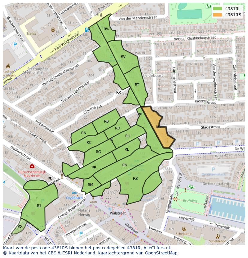 Afbeelding van het postcodegebied 4381 RS op de kaart.