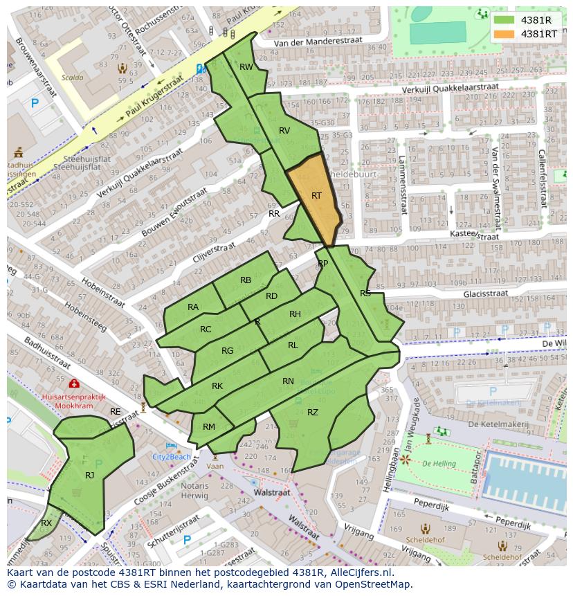 Afbeelding van het postcodegebied 4381 RT op de kaart.