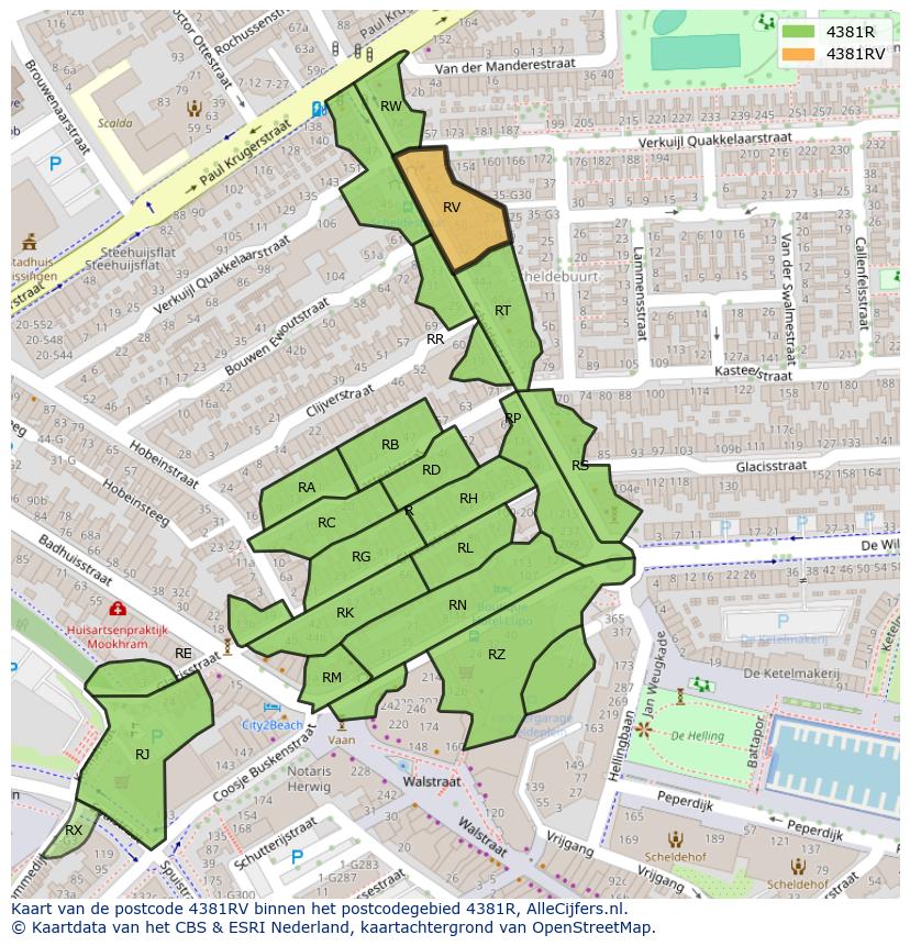 Afbeelding van het postcodegebied 4381 RV op de kaart.