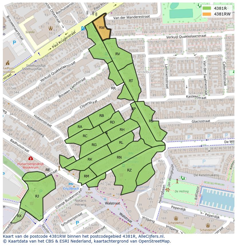 Afbeelding van het postcodegebied 4381 RW op de kaart.