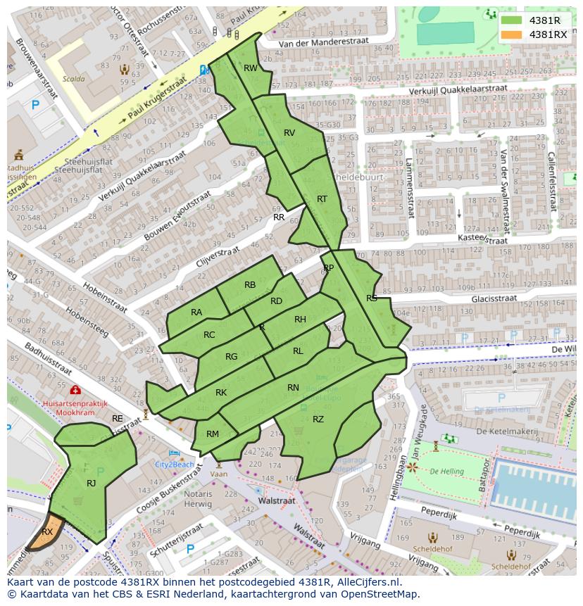 Afbeelding van het postcodegebied 4381 RX op de kaart.