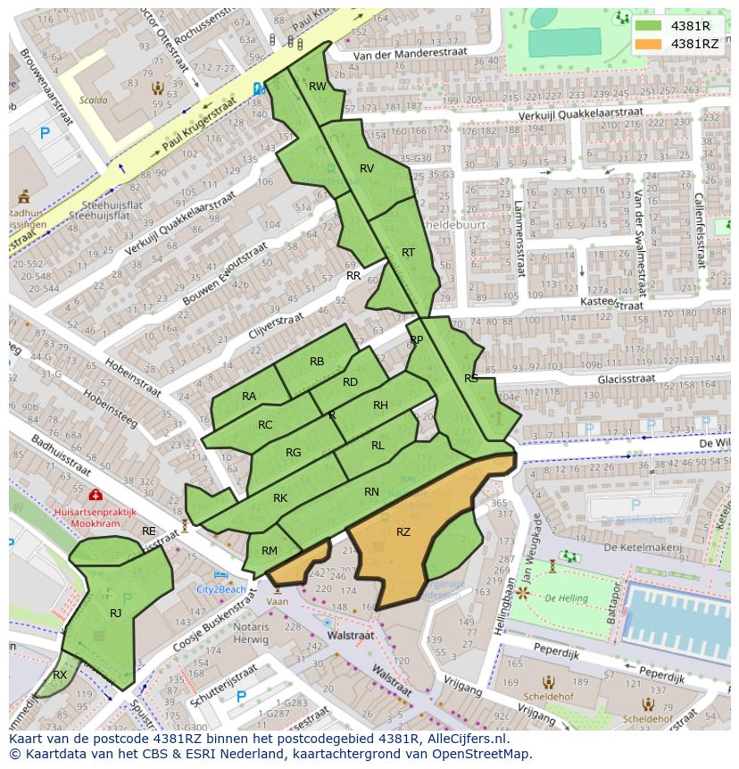 Afbeelding van het postcodegebied 4381 RZ op de kaart.