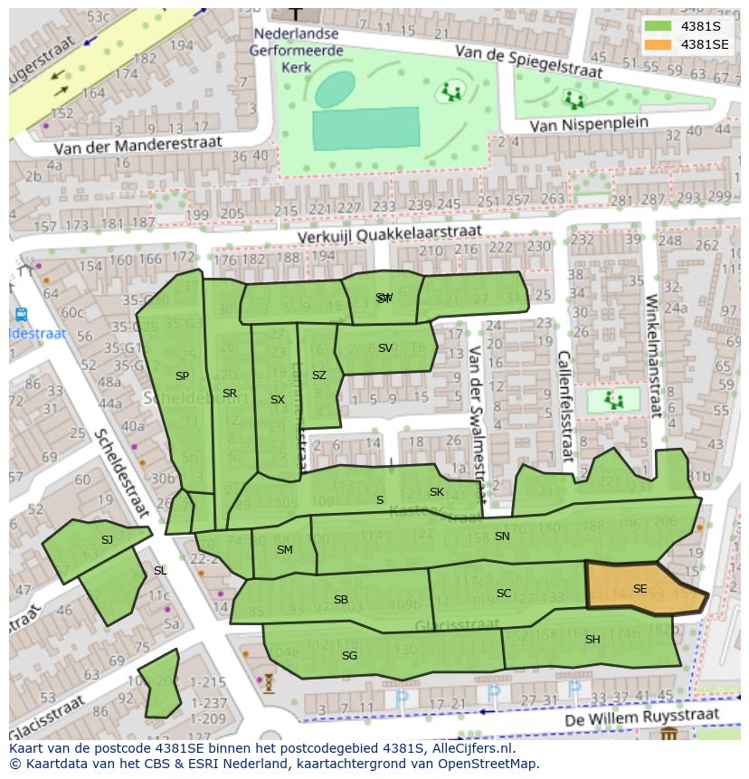 Afbeelding van het postcodegebied 4381 SE op de kaart.