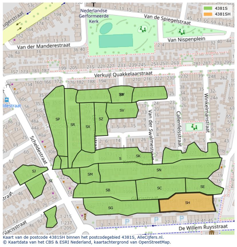 Afbeelding van het postcodegebied 4381 SH op de kaart.